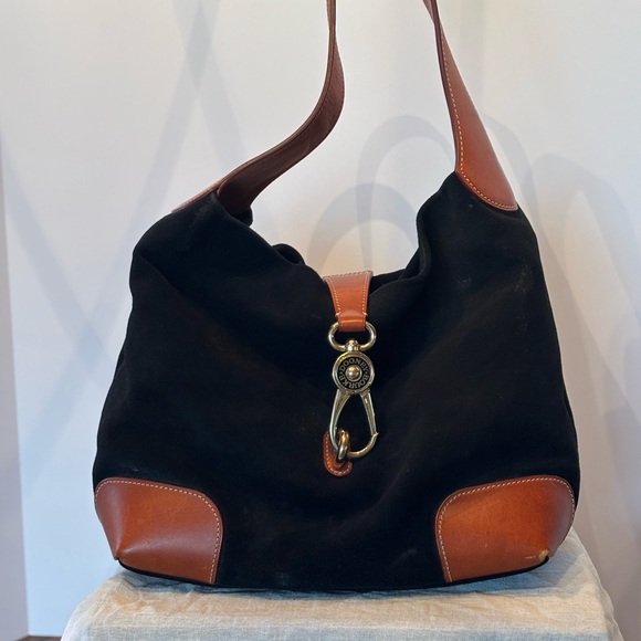 Dooney & Bourke black suede drape tote with brown leather trim. - Picture 2 of 12